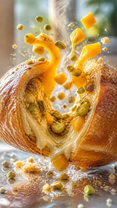 A mango and pistachio pastry exploding open in macro
