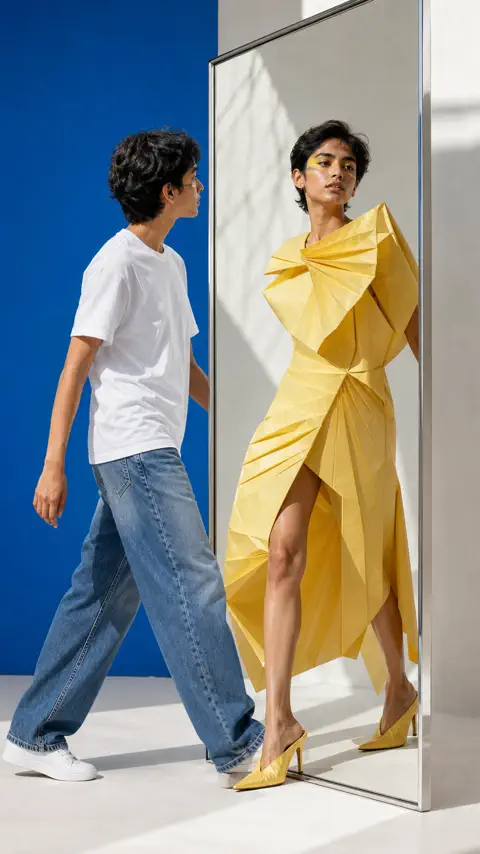 A mirror transformation from a white tee into yellow couture