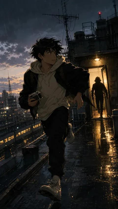Anime courier running across a rain-dark rooftop