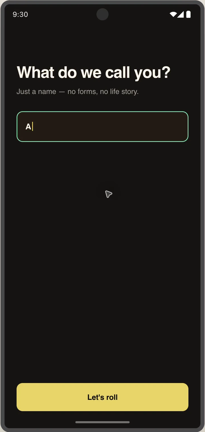 Profile setup screen asking for a first name