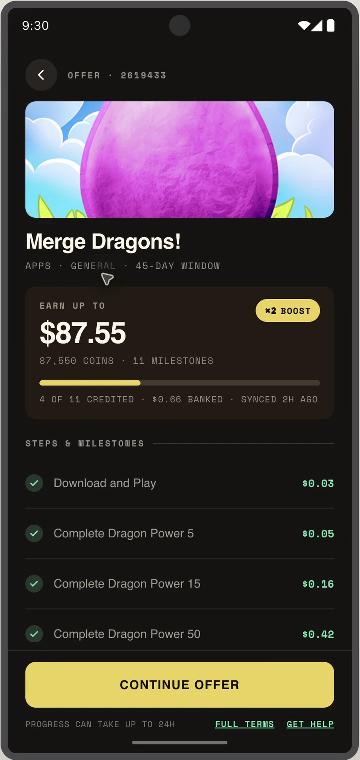 Merge Dragons offer detail showing total payout, boost, and milestones