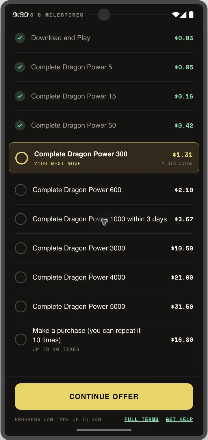 Scrolled offer details showing later Merge Dragons milestones and their payouts
