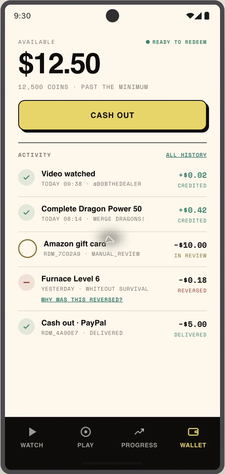 Wallet showing a 12 dollar 50 cent available balance and cash-out action