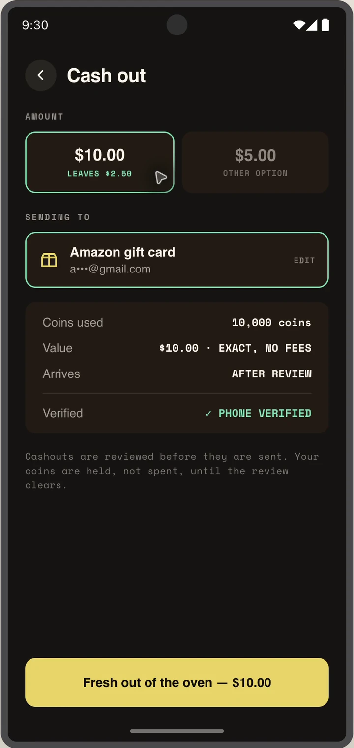 Cash-out confirmation for a 10 dollar Amazon gift card with the final submit action