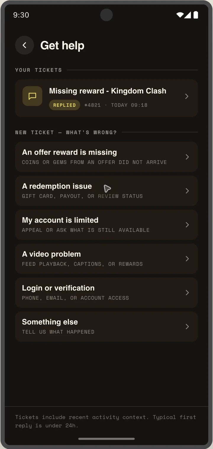 Support page listing existing tickets and common issue categories