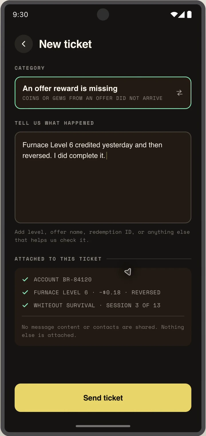 New support ticket with offer context and activity attached